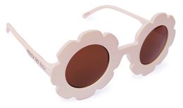  Pink flower-shaped kids sunglasses with round brown lenses, playful daisy design