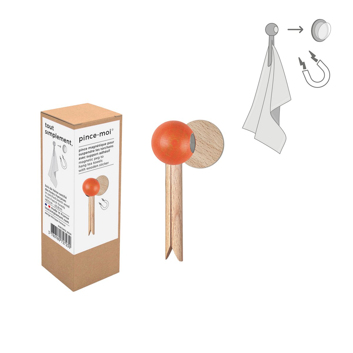 Clip magnetica in legno "Pinch me" per appendere strofinacci - 4 colori