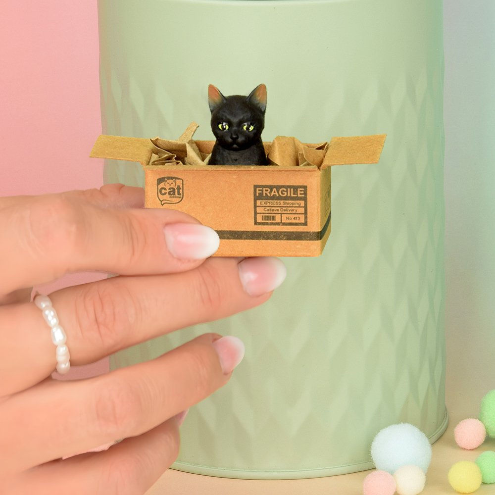 Imán de gato hecho a mano negro en lata de regalo de comida para gatos