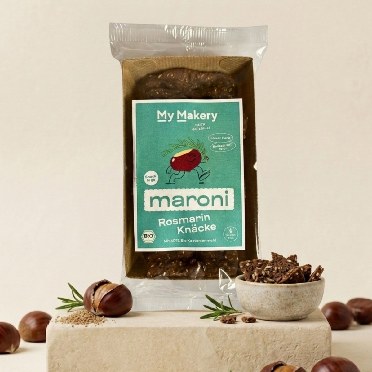 Maroni Knäcke Snack Rosmarin - Glutenfreier Bio-Snack auf Kastanienmehlbasis mit Rosmarin