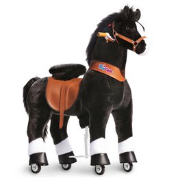 A plush black horse riding toy with a saddle and stirrups, suitable for children aged 7 and up. The toy has a classic design and is a great gift.