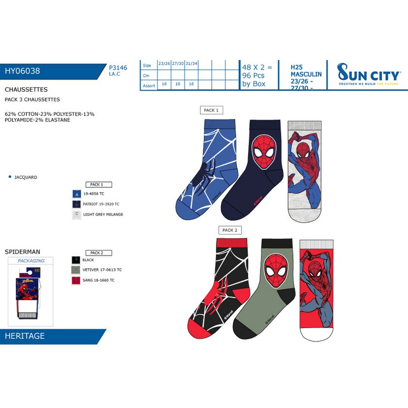 Kavel van 96 eenheden | Pak 3 Spiderman-sokken voor kinderen | Officieel gelicentieerde producten | SUN CITY-groep