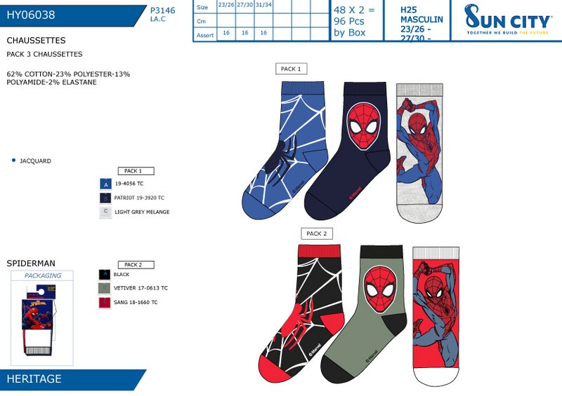 Partia 96 jednostek | Zestaw 3 skarpetek Spiderman dla dzieci | Oficjalnie licencjonowane produkty | Grupa SUN CITY