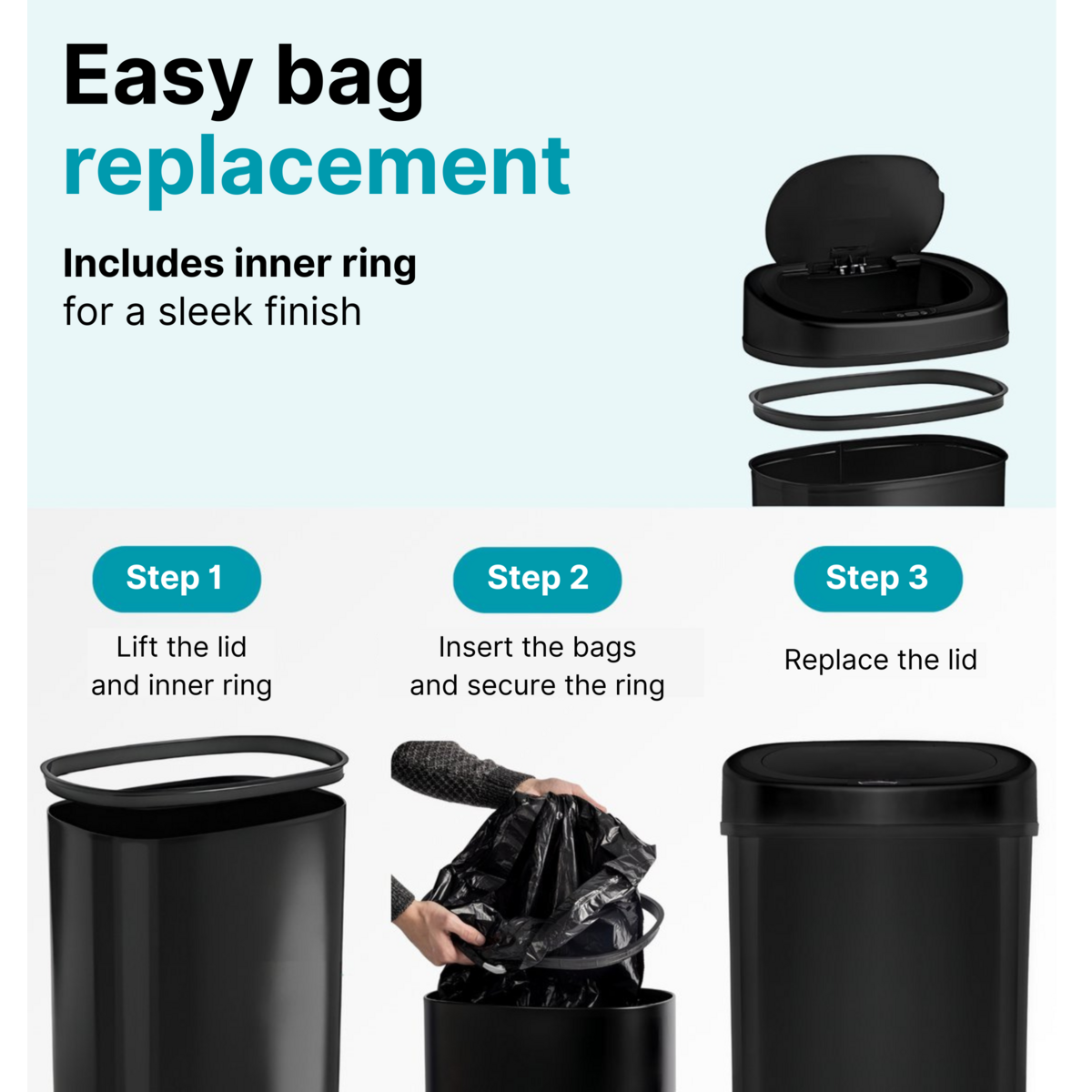 Papelera con sensor - Capacidad 60 litros - Acero inoxidable - Negro