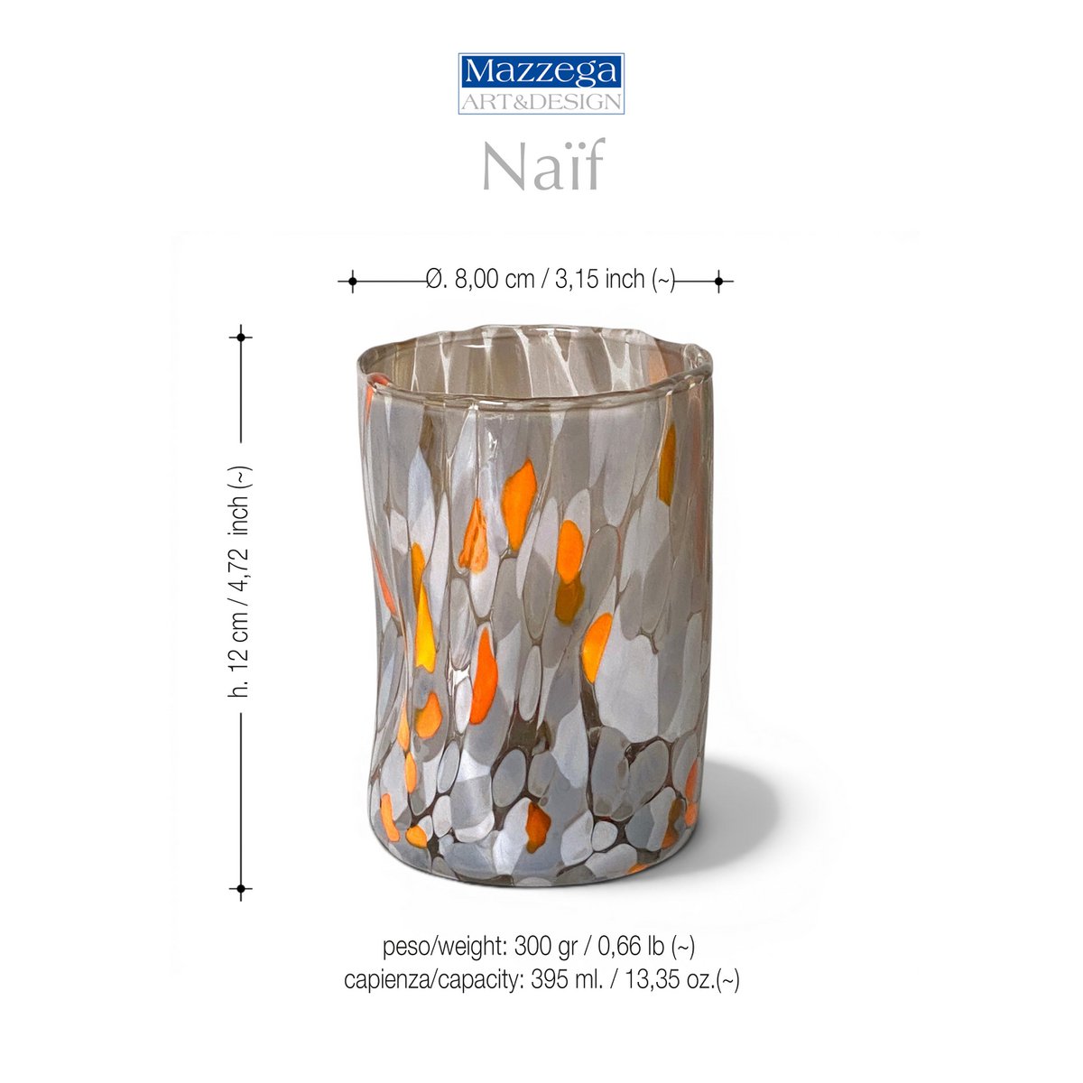 Verres Naif Tumbler en verre soufflé et fait main avec murrine de Murano, ligne « I Colori di Murano » 395 ml. Fabriqué en Italie