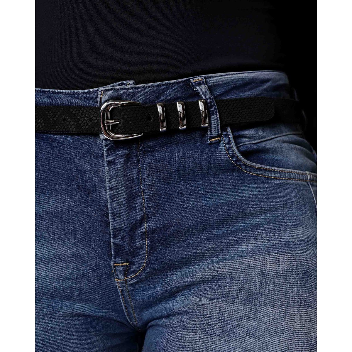 RUE | Lizard-Embossed Leather Belt with Triple Gold Loops