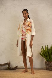 Cream maxi shirt with poppy floral print, long sleeves, lightweight linen style blouse for women.