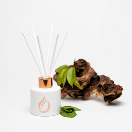 White room diffuser with 'Breathe' aromatherapy scent, made of ceramic with copper accents.