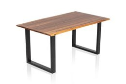 Rectangular wooden dining table with black metal legs, measuring 140 x 80 x 77 cm, suitable for 4-6 people.