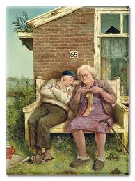 A vintage-style illustration depicting an elderly couple sitting on a bench outside a rustic brick building. The couple appears to be engaged in a warm, affectionate conversation.