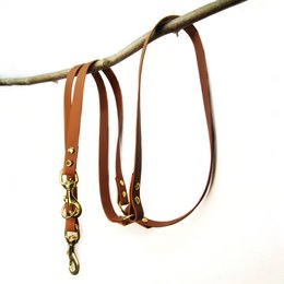 Adjustable dog leash in a variety of colors including yellow, tangerine, orange, raspberry, coral, soft pink, powder, violet, red, forest, neon green, apple, mint, navy, cobalt, baby blue, white, black, chocolate, cognac, olive, and grey. The leash features a sturdy leather construction with metal hardware for durability.