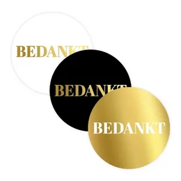  Stickers with the text "Bedankt" (Dutch for "Thank you") in gold and black colors. The stickers are round and measure approximately 40mm in diameter.