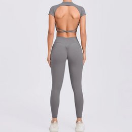 Cross Backless Sporty Set Women 2 Piece Sportswear Short Sleeve Training Suit for Fitness Yoga Wear Female Gym Workout Clothes