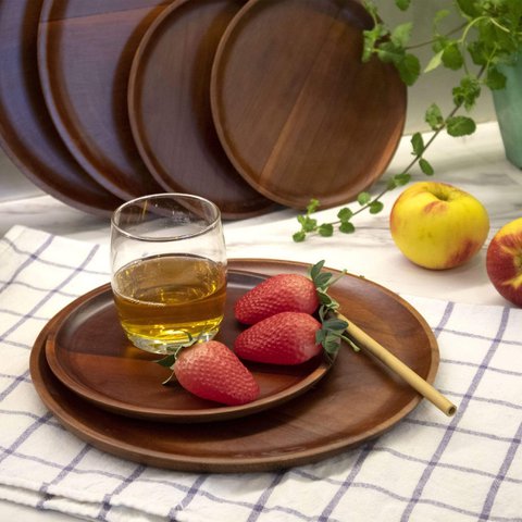 Wood Serving Plates (Set 4) | Acacia Wood Salad Plate, Oriental Dining Table
