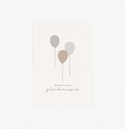 Postcard with three gray and brown balloons, celebrating a special occasion.