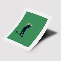 A minimalist poster featuring a silhouetted figure of a golfer swinging a golf club against a solid green background.