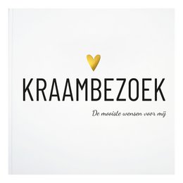 A black and white maternity visit book with the title "Kraambezoek" and a heart symbol, featuring pages for recording well-wishes and notes.