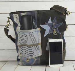 Sunsa duurzame schoudertas voor dames. Schoudertas gemaakt van gerecyclede jeans & canvas (canvas). Handtas vintage retro stijl. Crossbodytas voor dames.