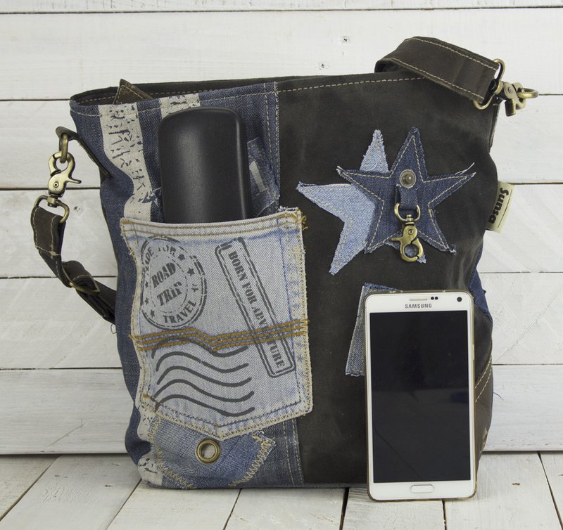 Sunsa duurzame schoudertas voor dames. Schoudertas gemaakt van gerecyclede jeans & canvas (canvas). Handtas vintage retro stijl. Crossbodytas voor dames.