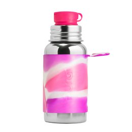 Stainless steel sports bottle with pink swirl sleeve, 550 ml capacity, suitable for yoga and other activities.
