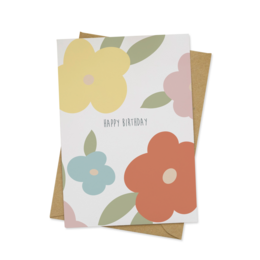 Colorful floral greeting card with the text "Happy Birthday" on a white background.