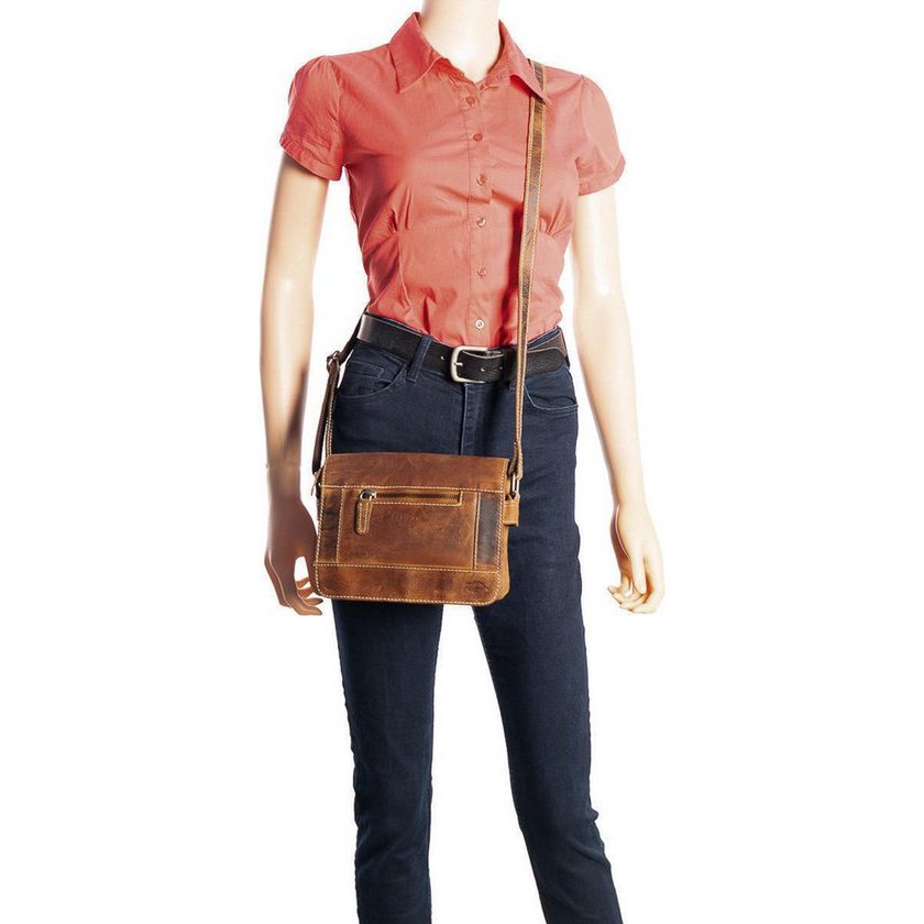 Umhängetasche für Damen mit hellbraunem Büffelleder - Praktischer Ledertasche mit mehreren Reißverschluss -Taschen, perfekt für Organisation und Stil.