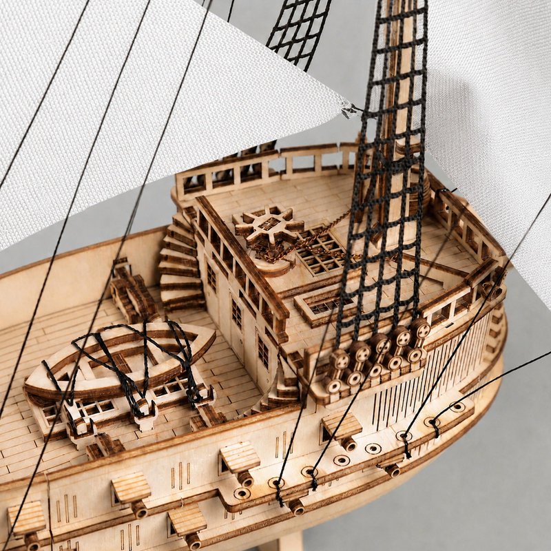 Galeone aus Holz mit LED-Beleuchtung – 3D-Holzpuzzle 583 Teile, Schiffsmodell mit Segeln und Takelage, Modellbausatz ab 12
