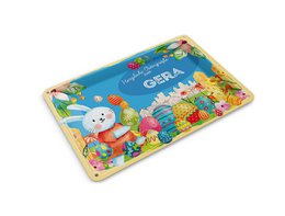 Colorful Easter greeting tin postcard with bunny, flowers, and spring designs, blue background, decorative metal sign.