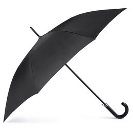 Black umbrella with a curved handle, made of durable material suitable for rainy weather.