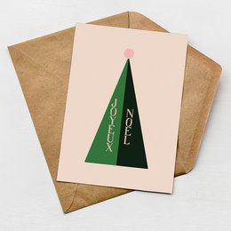 A Christmas card with a simple green triangle design on a light pink background, with the text "Joyeux Noel" written inside the triangle.