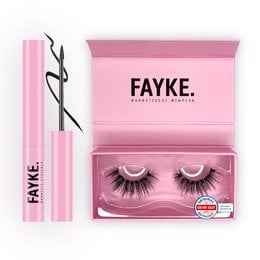 The MOREDRAMA STARTER KIT includes a pink makeup box with the brand name "FAYKE" and a pair of false eyelashes. The kit appears to be focused on eye makeup and enhancing the eyes.