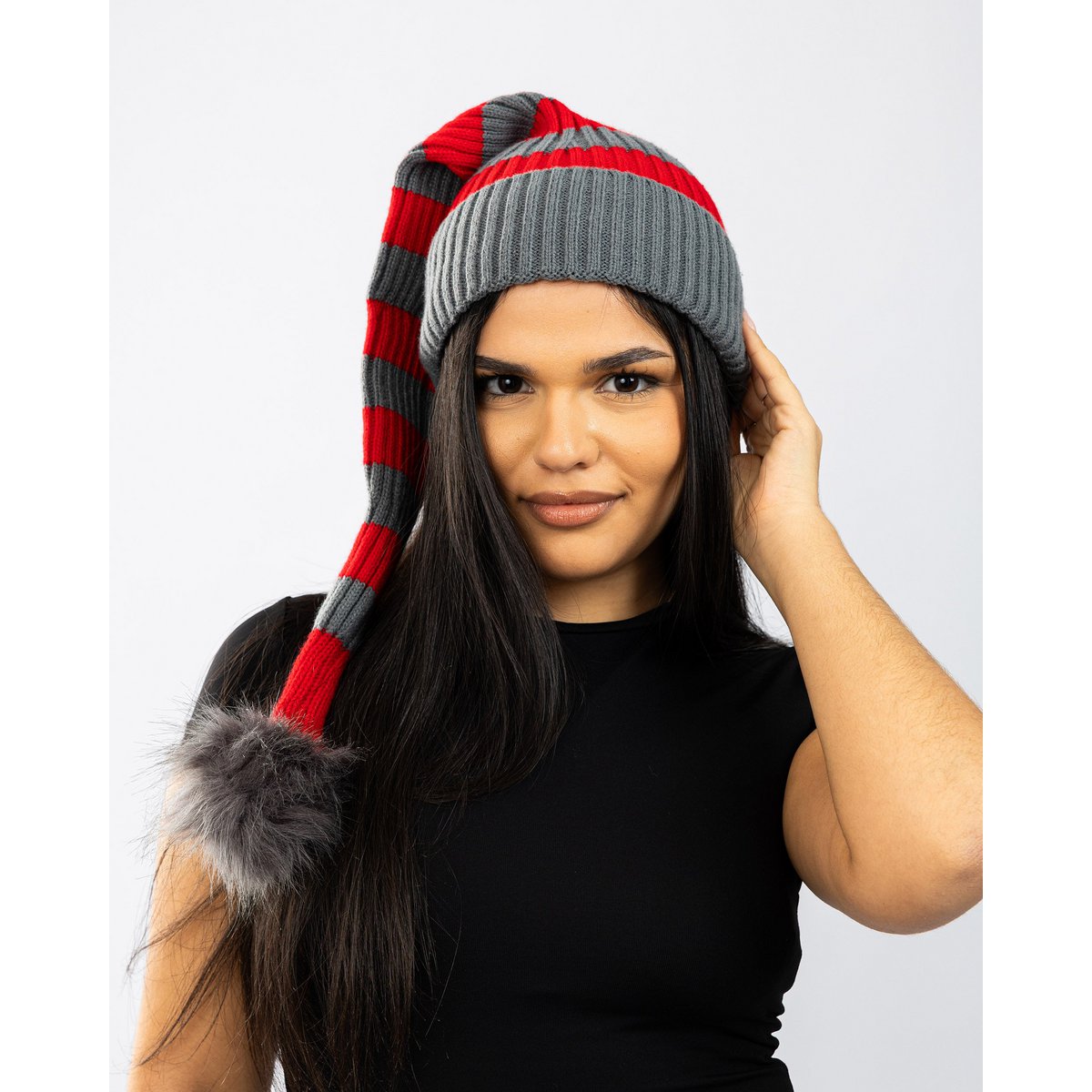 Santa hat - Red/grey striped flat knit fur pompom