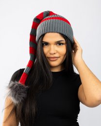 Santa hat - Red/grey striped flat knit fur pompom