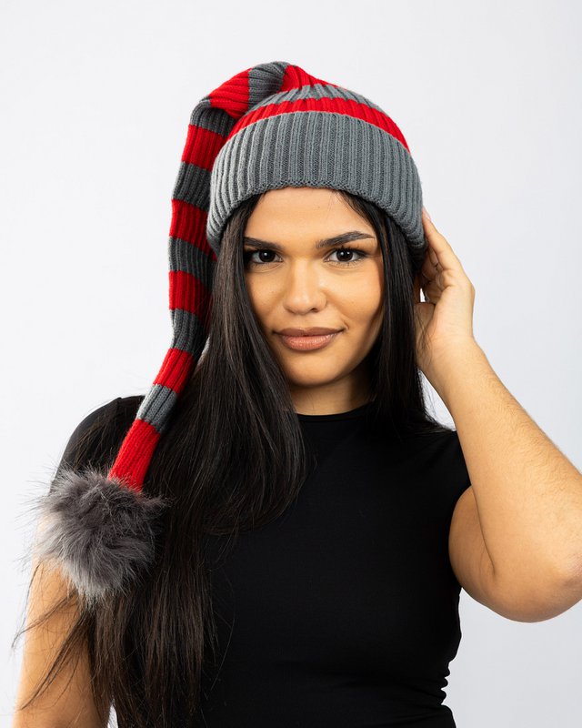Santa hat - Red/grey striped flat knit fur pompom