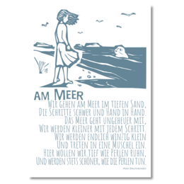 Postcard with a scenic coastal landscape depicting a person sitting on a bench overlooking the ocean.