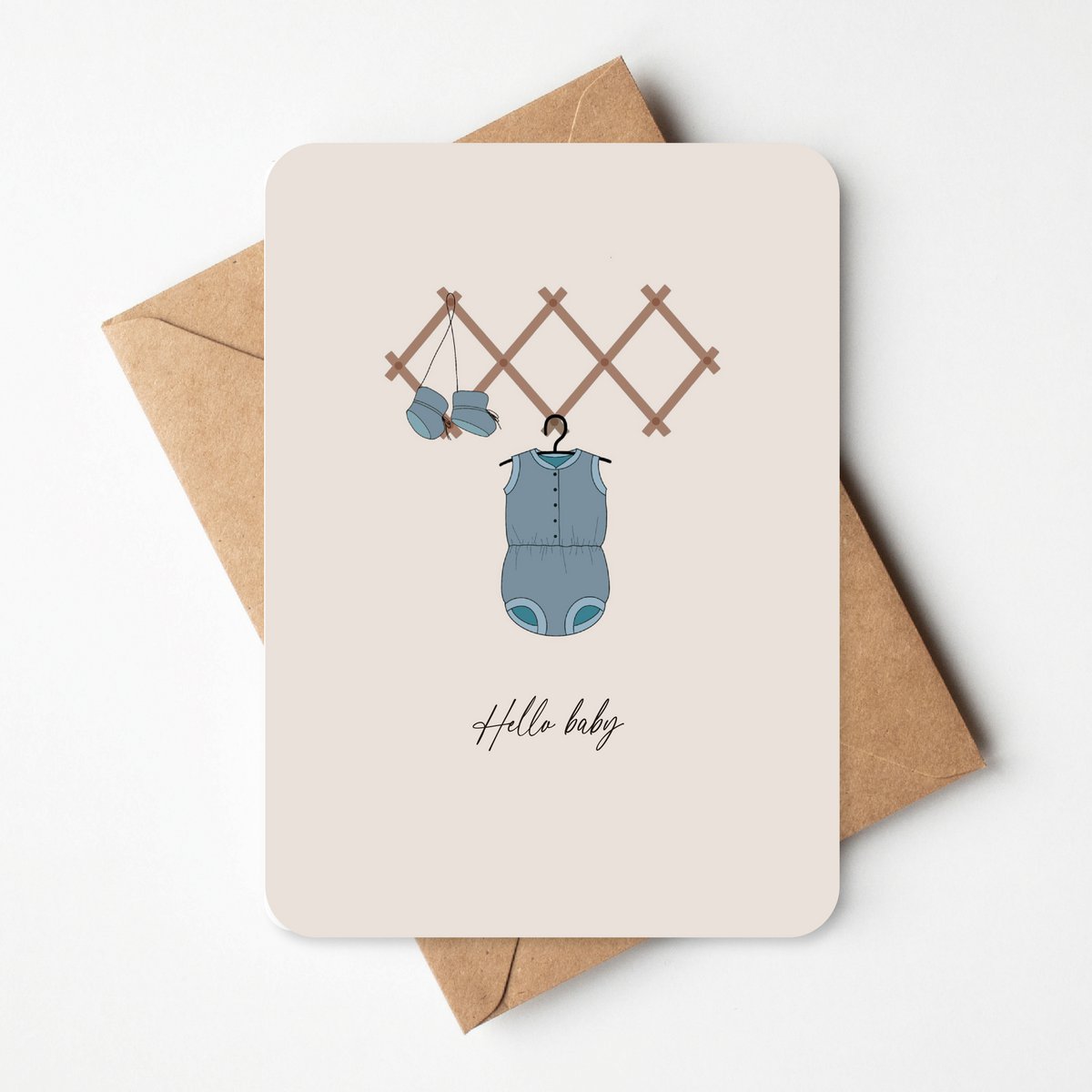 Greeting card with blue romper suit | Hello baby
