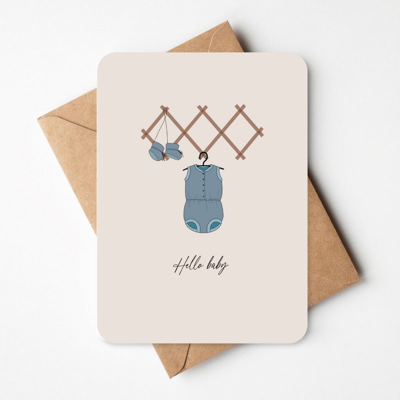 Greeting card with blue romper suit | Hello baby