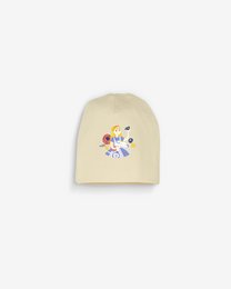 Newborn natural hat made of 100% organic combed cotton with Alice in Wonderland design. Soft, comfortable, and suitable for babies.