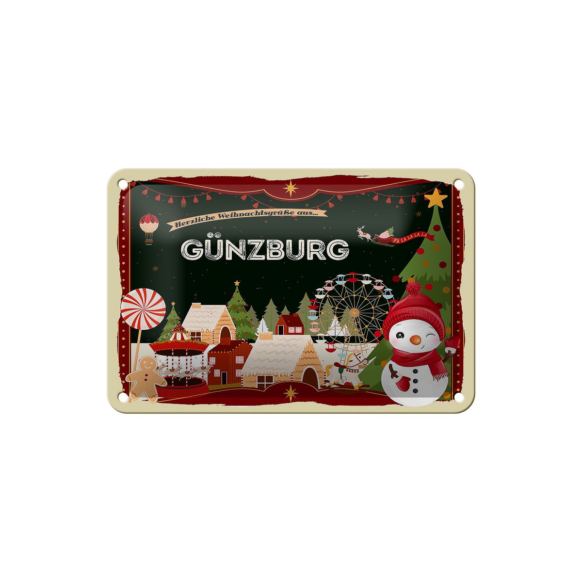 Blikken bord Kerstgroeten GÜNZBURG cadeaudecoratie 18x12cm