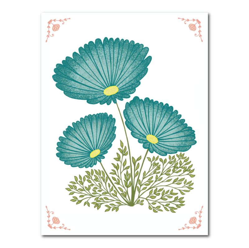 Cool flise med petroleumsfarvede blomster og lyserøde detaljer