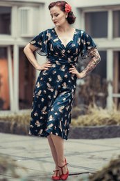 EU STOCK Kleid mit Blütenblattärmeln von Donna in Marineblau und Eulenmuster