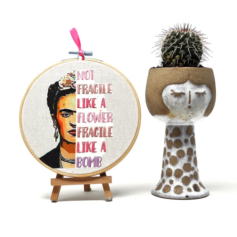 Handmade Embroidery Hoop Wall Art - Frida Khalo Portrait - Textile Wall Decoration (10/15cm)