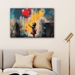 Canvas schilderij  - Wanddecoratie Meisje - Ballon - Hart - Graffiti - Muurdecoratie woonkamer - Slaapkamer decoratie - Kamer accessoires - Schilderijen op canvas