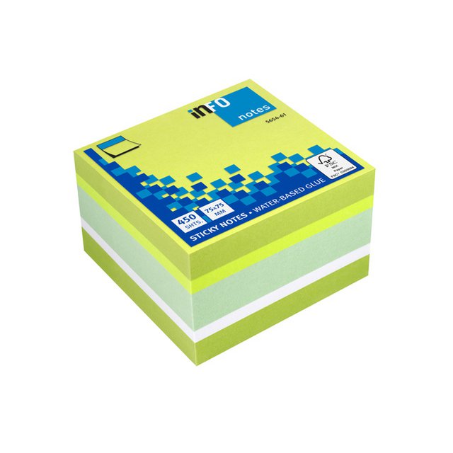 Info notes 75x75mm assorti felle kleuren blok a 450 vel: wit, lemon, felgroen, pastelgroen