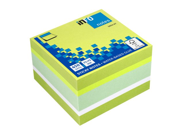 Info notes 75x75mm assorti felle kleuren blok a 450 vel: wit, lemon, felgroen, pastelgroen