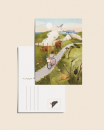 Illustrated summer day card with sheep, countryside landscape, pastoral scene, A6 size, cream colored cardstock.