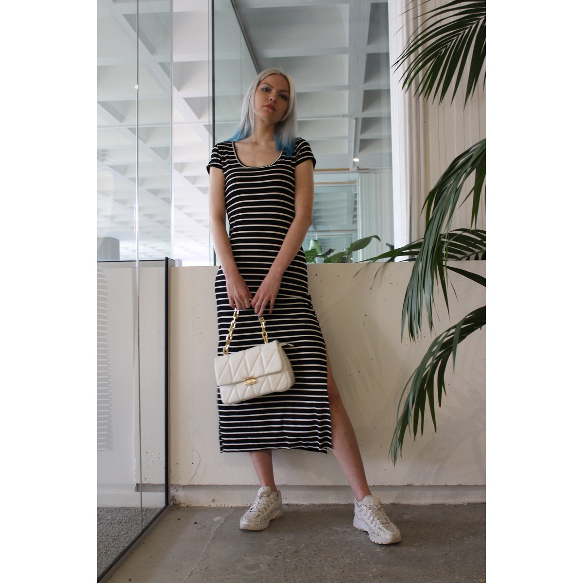 Dress in black and white striped cotton