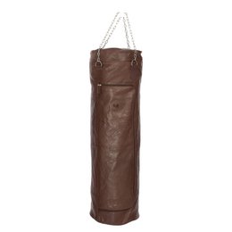 Genuine leather boxing bag container in dark brown color with polished nickel accessories, dimensions 35 x 35 x 120 cm, suitable for book stands.