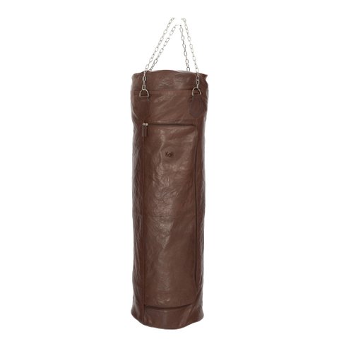 K0036BB | Bokszakcontainer in echt leer, volnerf, franjes - Donkerbruine kleur - Gepolijste nikkelaccessoires. Afmetingen: 35 x 35 x 120 cm - Verpakking: Tnt zak