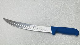 A long, narrow kitchen knife with a serrated blade and a blue handle. The knife is designed for precision cutting and is suitable for a variety of kitchen tasks.